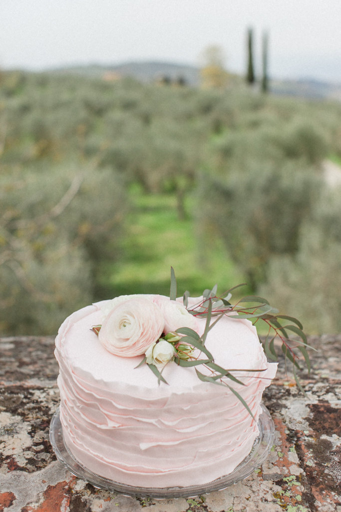 The delicate pastel pink pre-wedding cake was topped with some lovely ranunculus to continue the flower statement