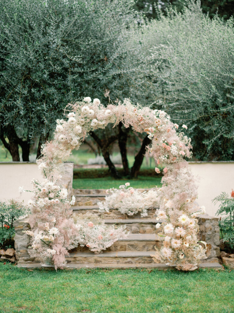 Beautiful pastel Baby's Breath-Gypsophila wedding arch for this wedding in Florence, Italy