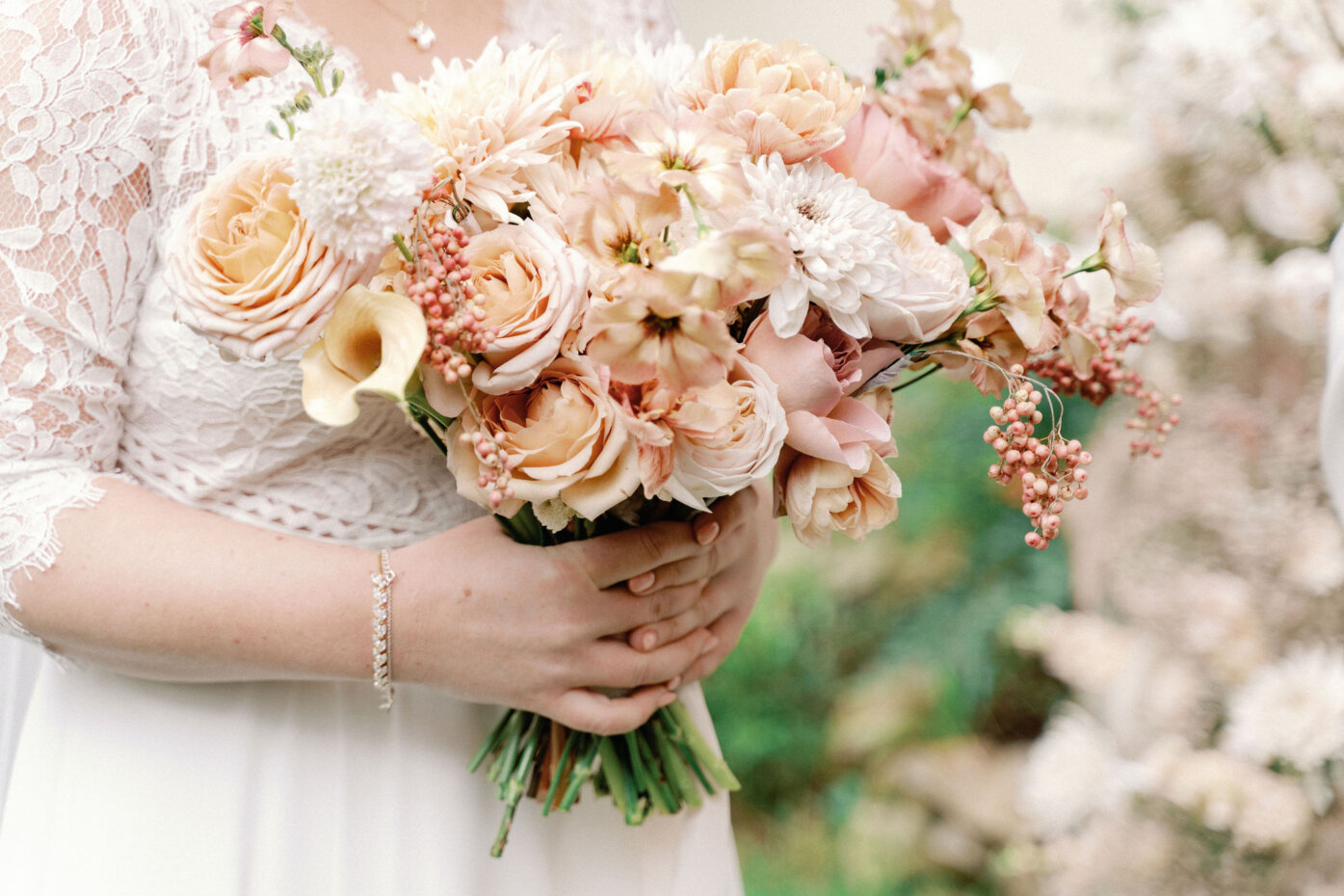 Beautiful Bridal bouquet in pastel caramel and terracotta shades