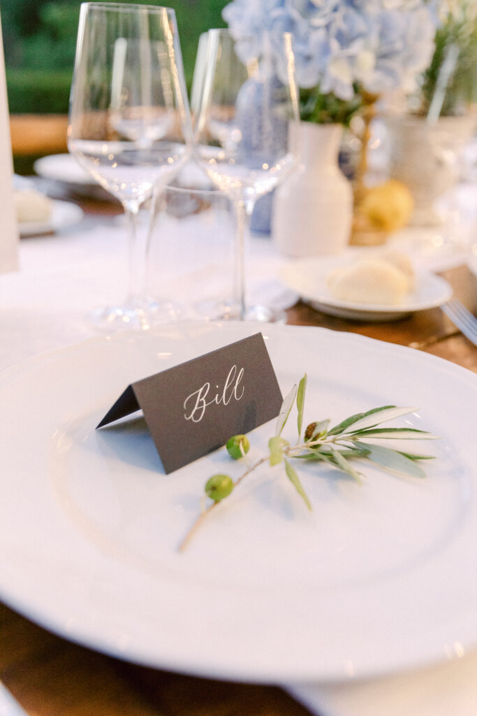 Deep blue wedding name tags  for this wedding table set in Florence, Italy